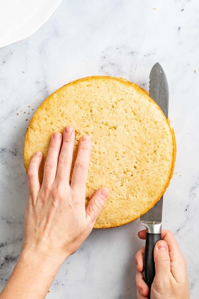 cut the layers in half crosswise into 1/2-inch thick cake layers