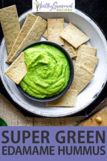 overhead green edamame hummus with crackers