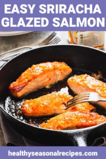 glazed salmon in a skillet with text overlay with fork