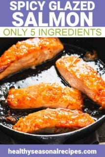 glazed salmon in a skillet, close up