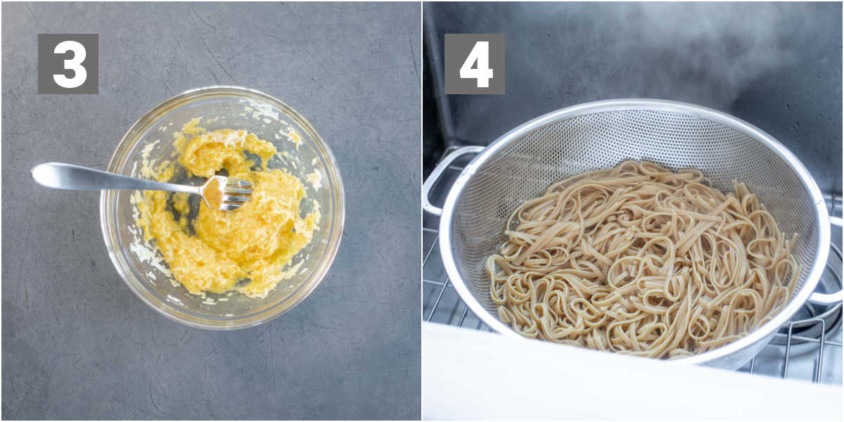 mixing egg and pasta draining