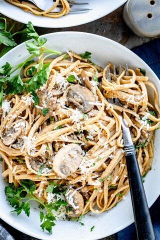 up close overhead bowl of mushroom carbonara