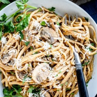 up close overhead bowl of mushroom carbonara