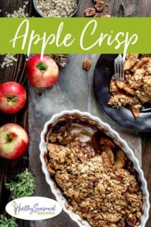Apple crisp in a white ceramic baking dish