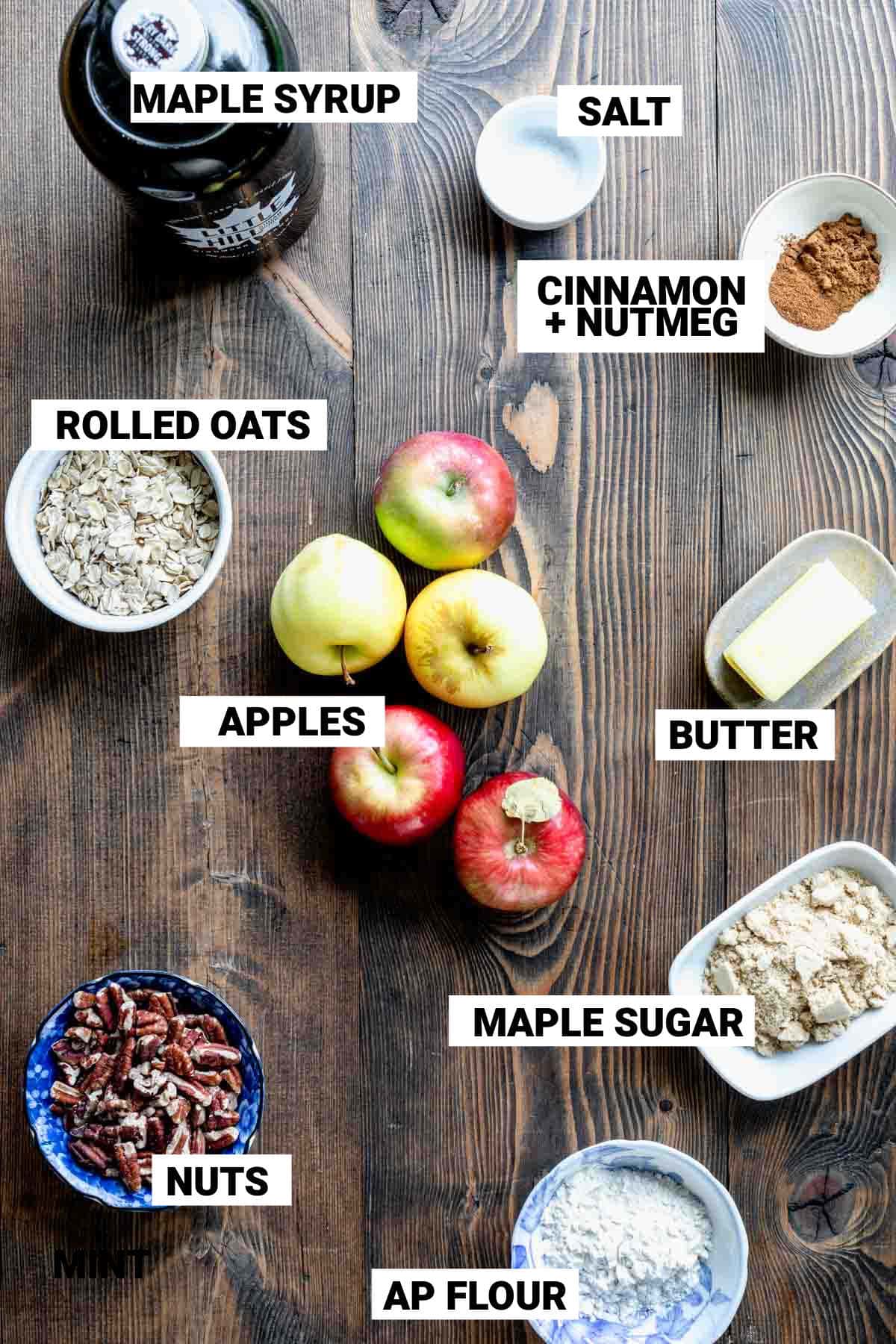 the ingredients on a wooden table with labels