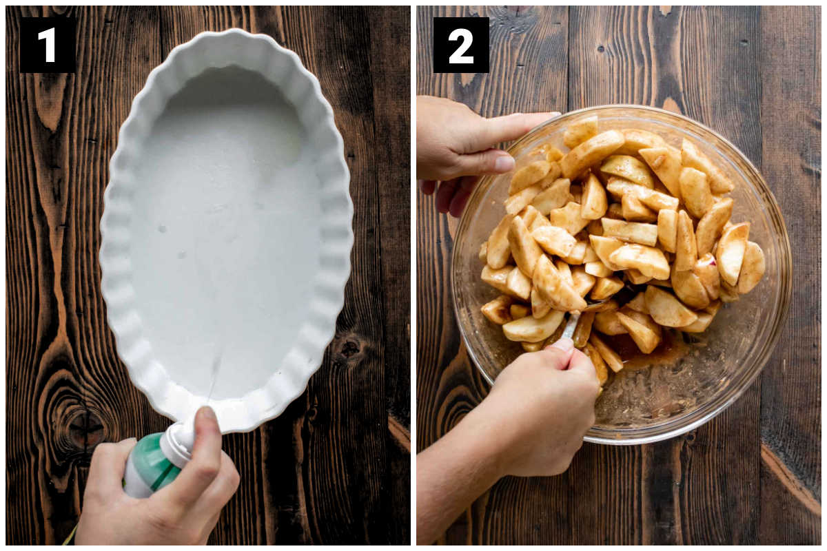 spraying the dish with cooking spray and tossing the apples with the filling ingredients