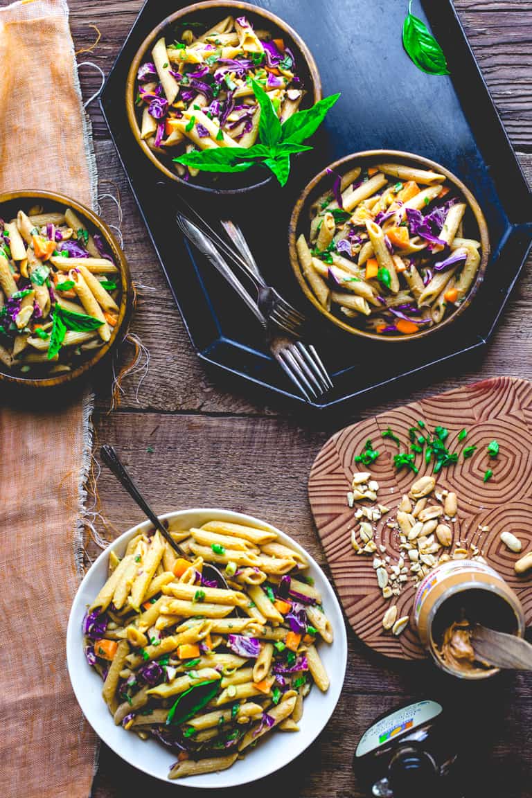 An overhead shot of Peanut Noodles in bowls on a table