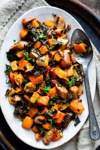 roasted squash dinner on an oval platter