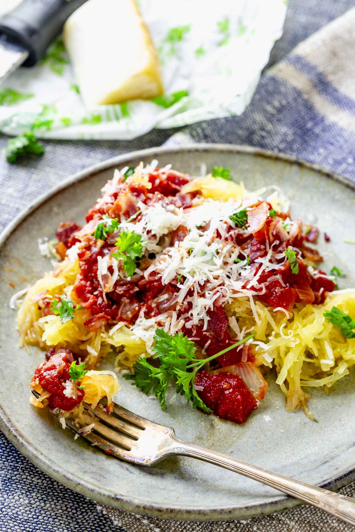 spaghetti squash with amatriciana sauce on top