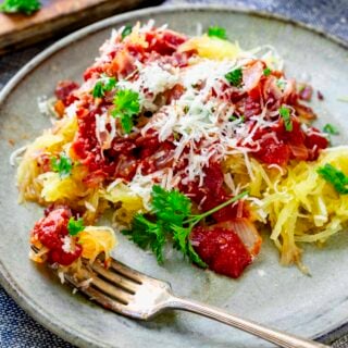 the spaghetti squash with amatriciana sauce on top
