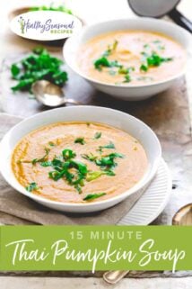pumpkin soup in two bowls with text overlay