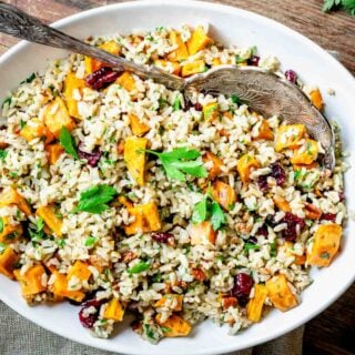 closeup of oval bowl with brown rice salad with silver spoon