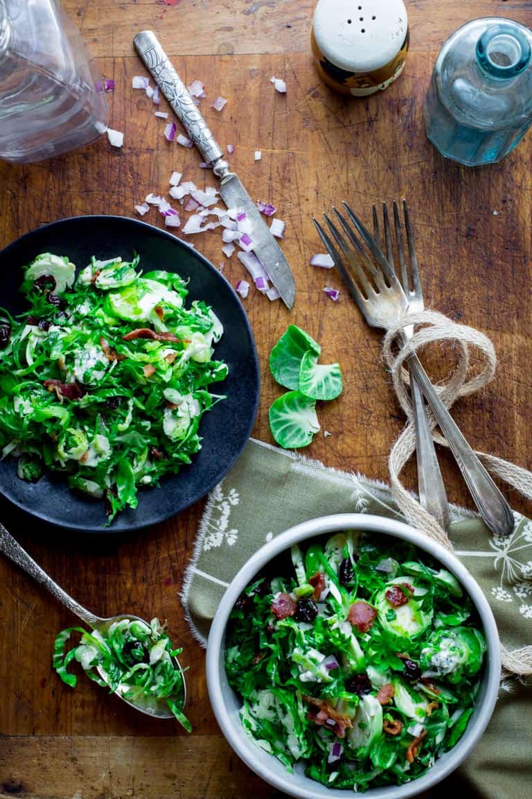 Overhead image of Cold Brussles Sprouts Salad with Bacon in bowls