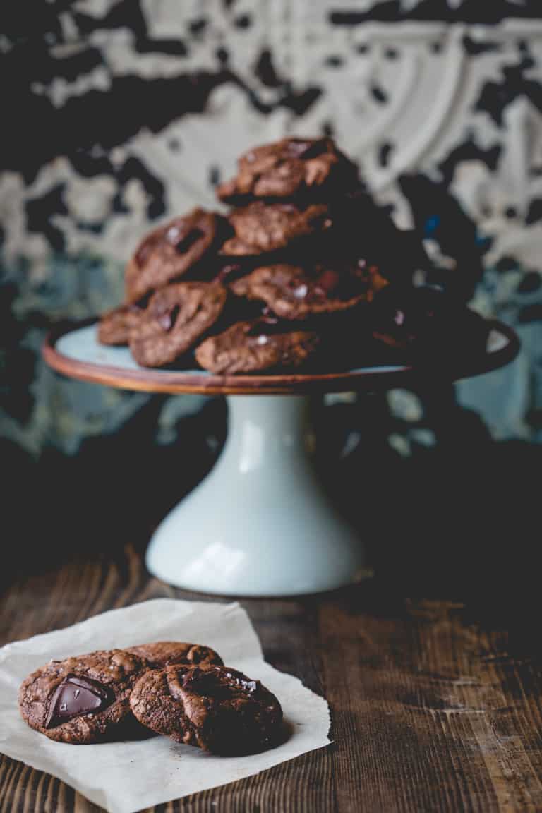 Gluten Free Buckwheat Chocolate Cookies on a cake stand