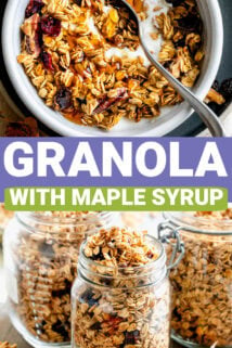the granola in a bowl and in a jar with text overlay