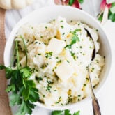 Mashed potatoes with chives on top from overhead