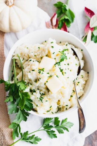 Mashed potatoes with chives on top from overhead