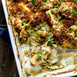 Chicken Divan Casserole cuper close up look with a spoonful