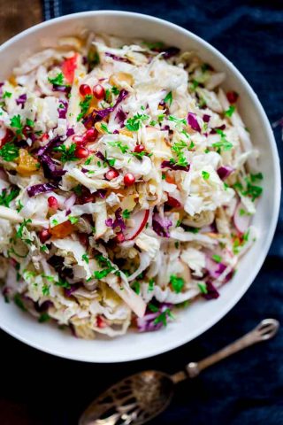 Easy Holiday Slaw with Apple and Pomegranate | Side Dish | Salad | Holiday | Vegetarian | Christmas | Winter | Healthy Seasonal Recipes | Katie Webster