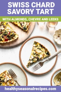 a slice of chard tart on a blue plate