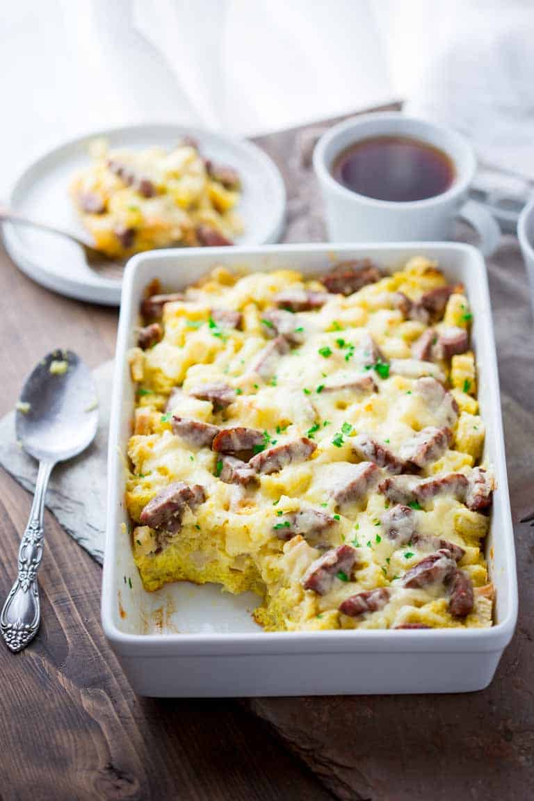 Egg Strata with Sausage in a serving dish