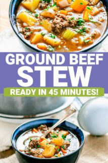 the stew close up in the bowl and from the side in a bowl with text overlay in between