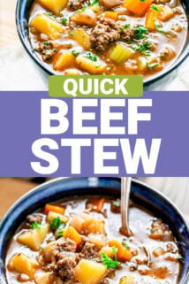 the stew close up in the bowl from two slight different angles with text overlay in between