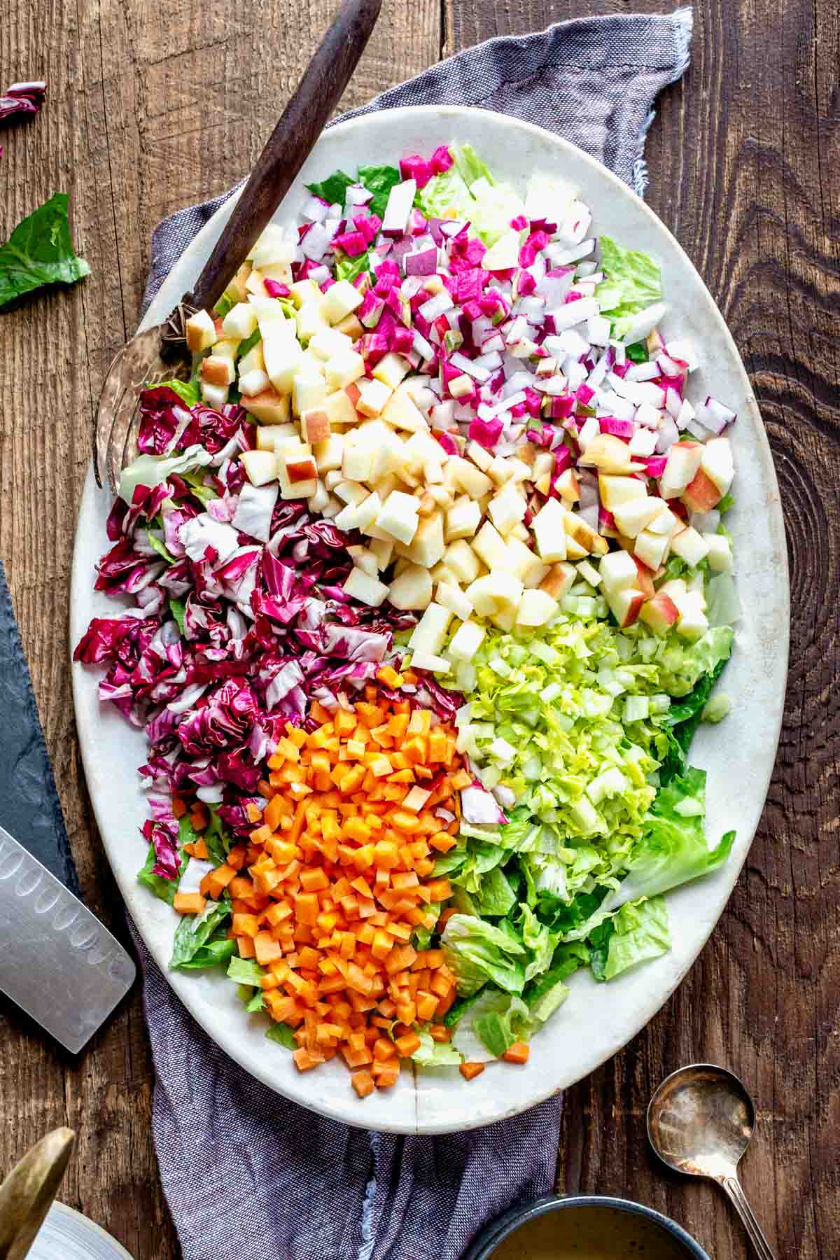 oval platter with the chopped ingredients arranged on it