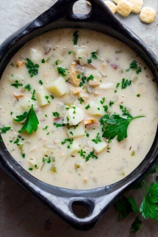 Seafood Chowder in a black pot