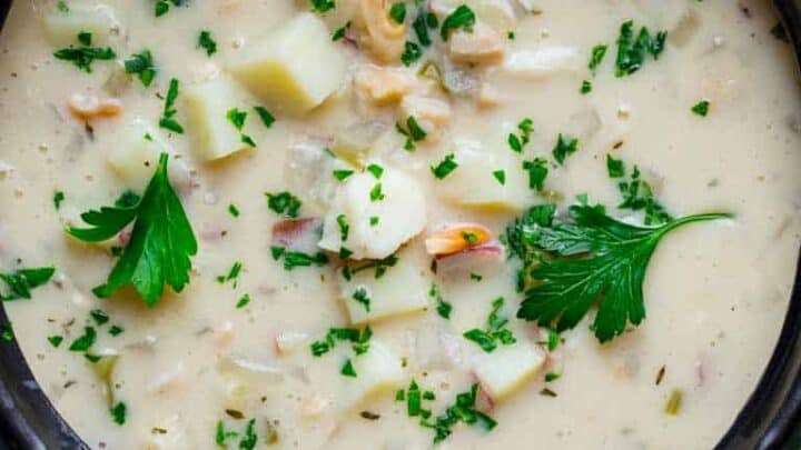 Seafood Chowder in a black pot