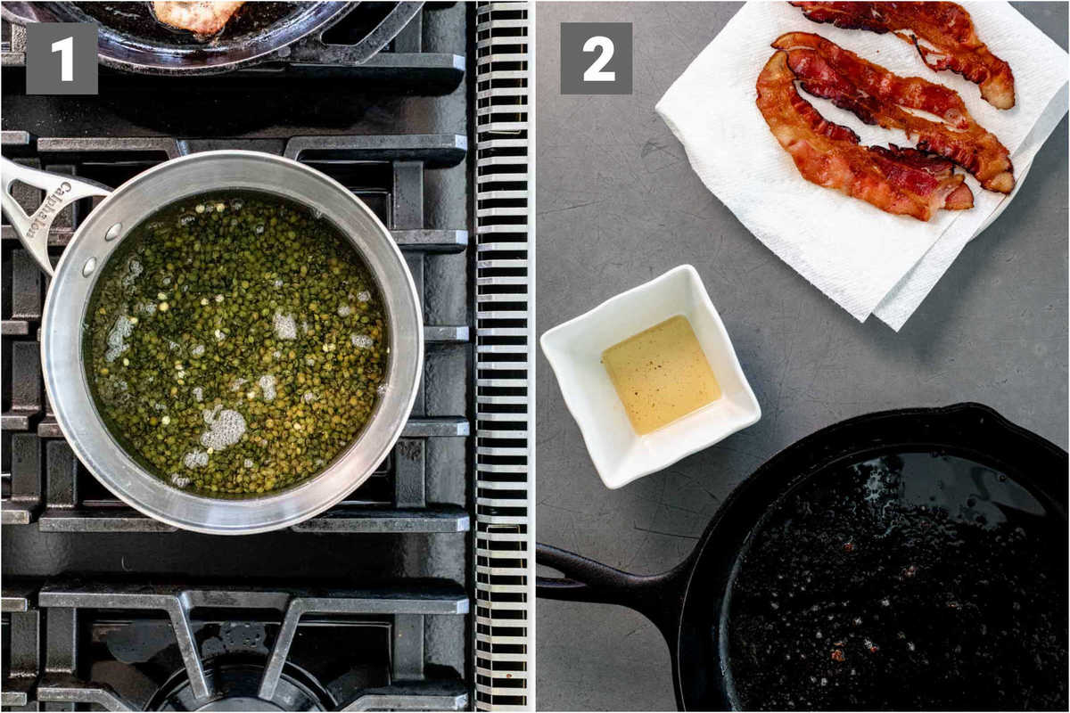 boiling lentils the drained skillet and cooked bacon