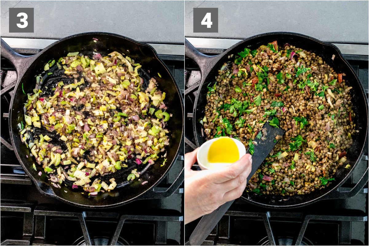 cooking the veggies and adding the lentils and seasoning to the skillet