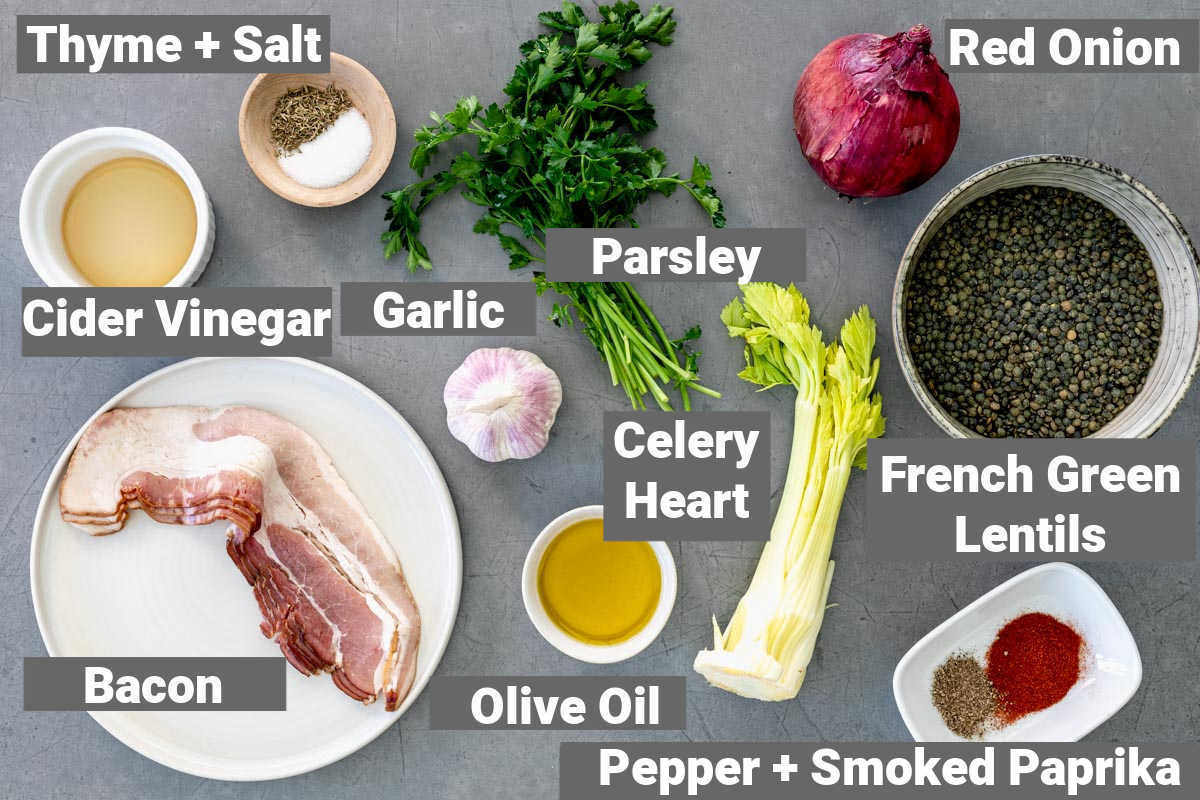 ingredients for french lentils with bacon