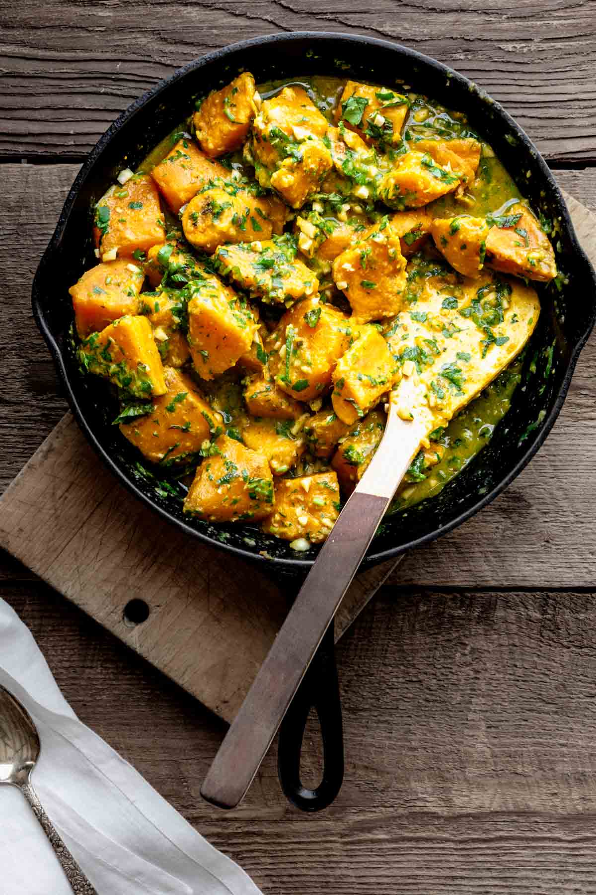 the skillet with the curry in it