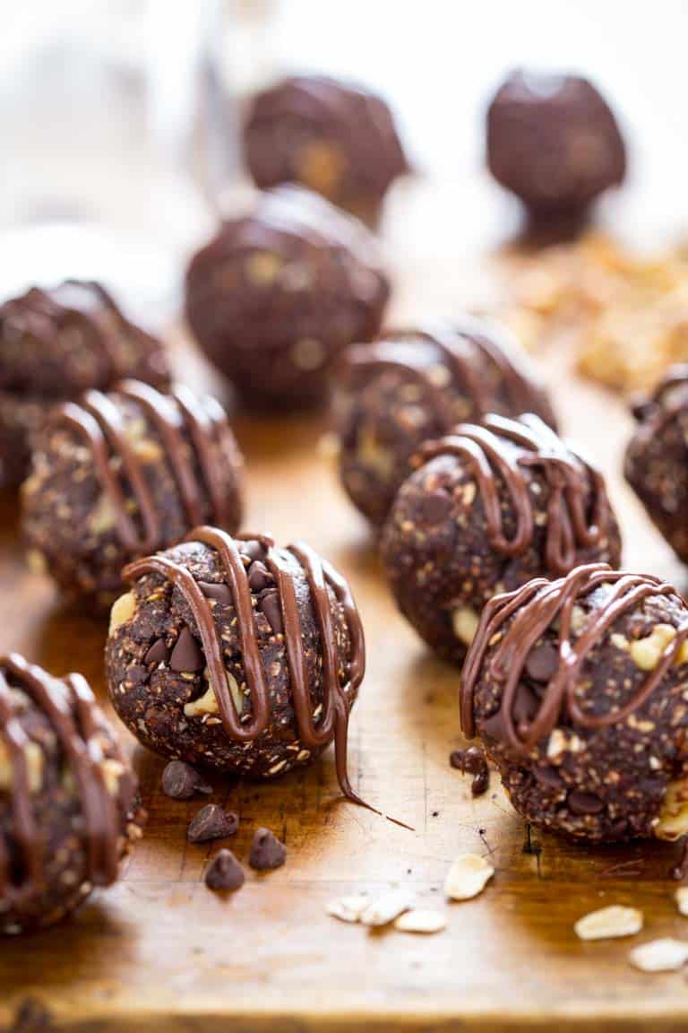 dark chocolate walnut vegan energy balls with chocolate chips