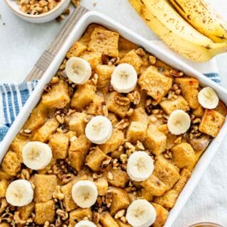 banana bread pudding in a casserole dish from overhead