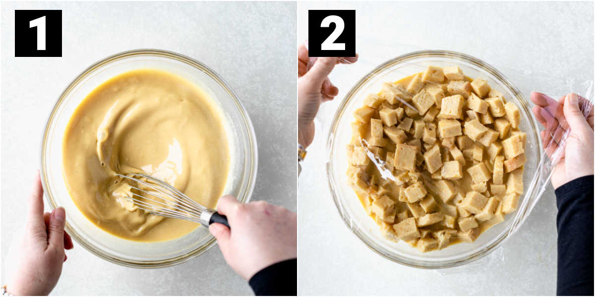 whisking the custard, adding the bread in and covering with plasic