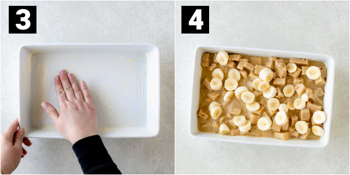 greasing the pan, adding in the first layer plus sliced bananas