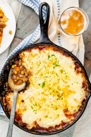 Shepherd's pie in a black cast iron skillet from overhead