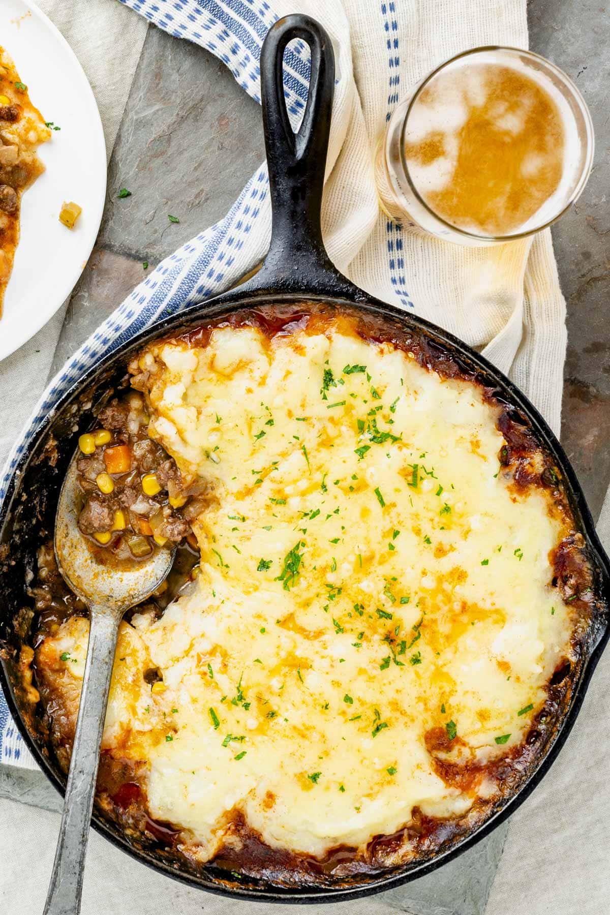 Shepherd's pie in a black cast iron skillet from overhead