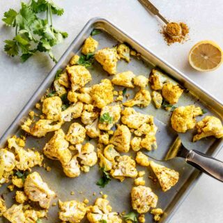 sheet pan of roasted curry cauliflower