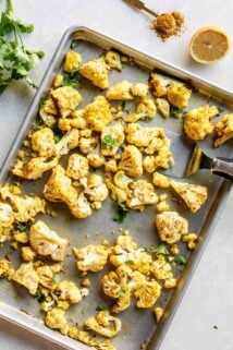 sheet pan of roasted curry cauliflower