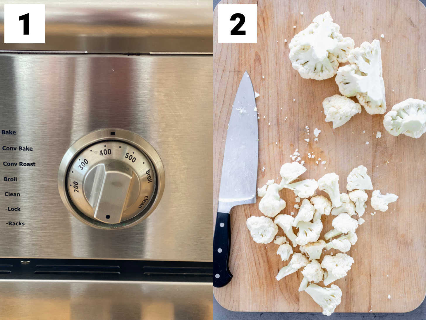 preheating the oven and prepping the cauliflower
