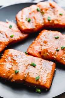 close-up of roasted salmon with maple tahini marinade