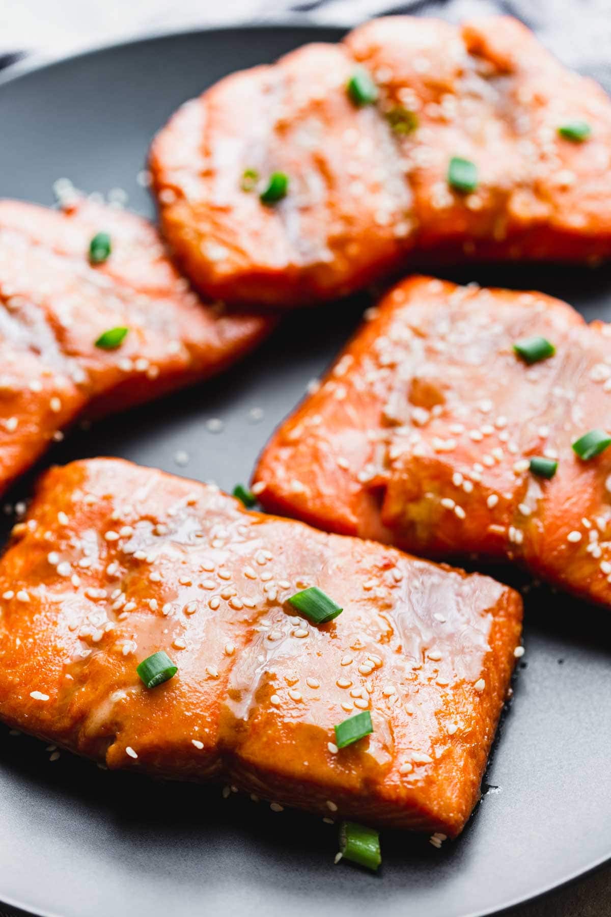 close-up of roasted salmon with maple tahini marinade