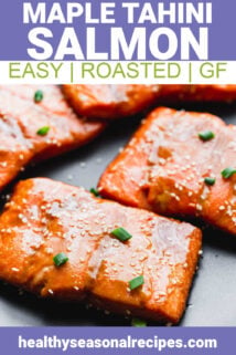 salmon on a black plate with text overlay closeup
