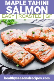salmon on a black plate with text overlay