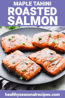 salmon on a black plate with text overlay