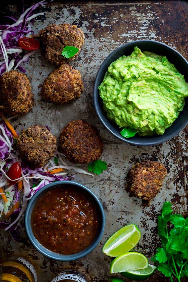 These black bean croquettes with a side of guacamole.