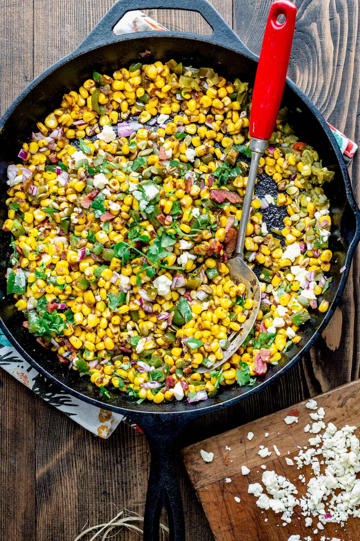 Street corn skillet off the cob in a black iron skillet